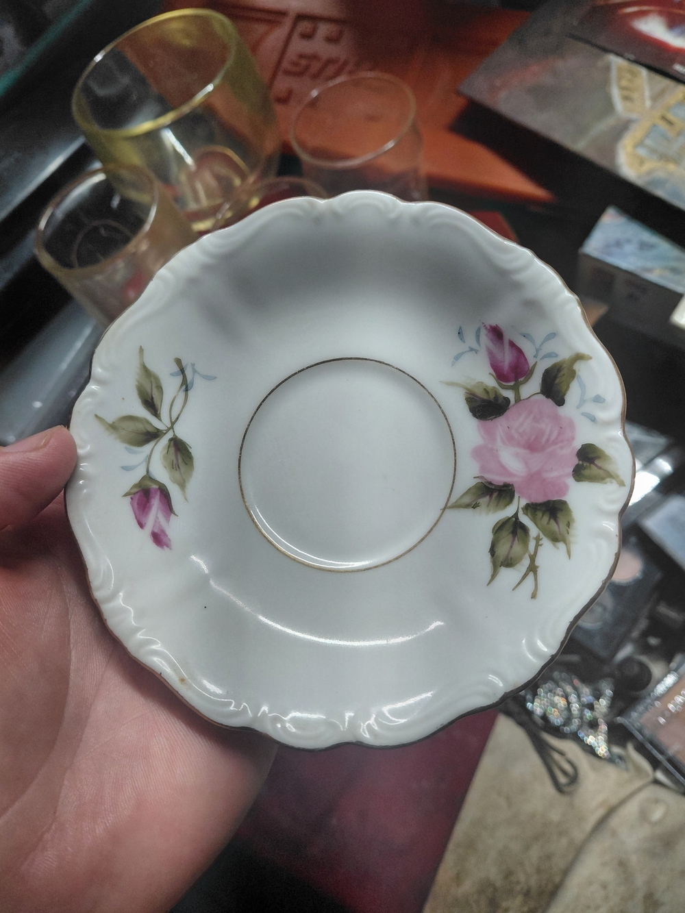Porcelain Saucer with Pink Rose Motif and Gold Trim